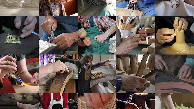 Collage aus 20 Bildern historischer Handwerke in einer Matrix angeordnet